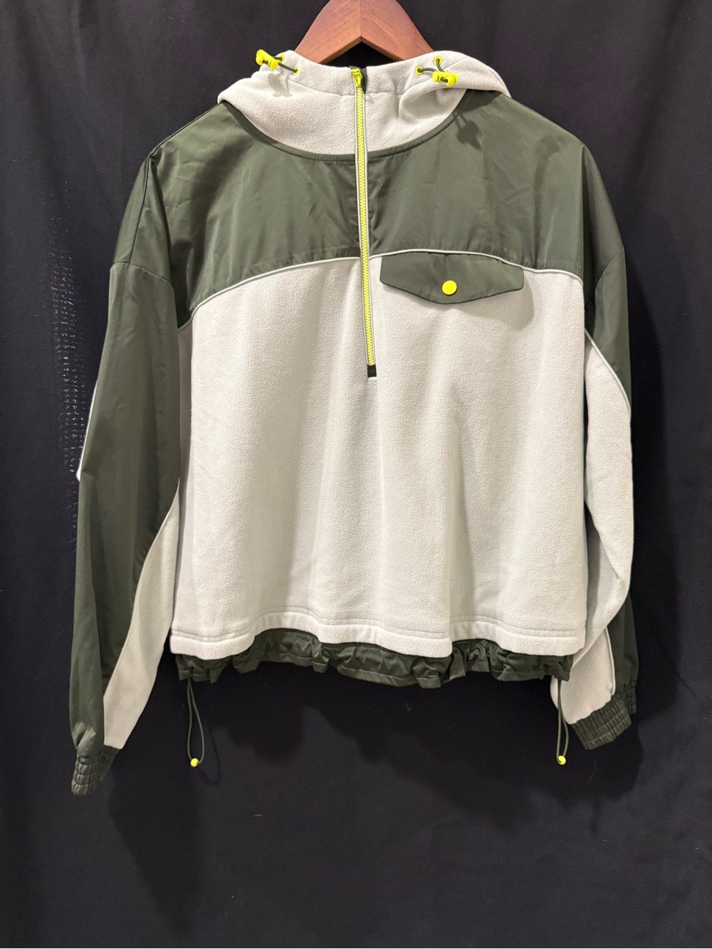 Athleta Olive and Cream Hooded Pullover with Neon Accents